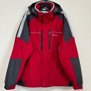 Columbia Men's XL red gray zipper pockets removeable hoodie outdoor cozy jacket